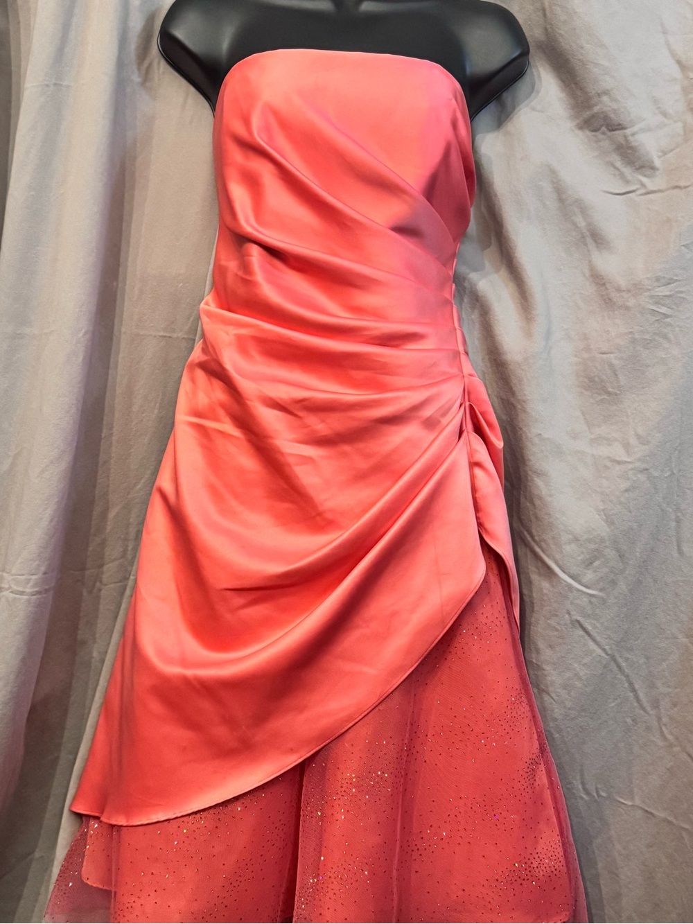Strapless Coral Satin Overlay with Tulle Skirt Evening Dress Size 10